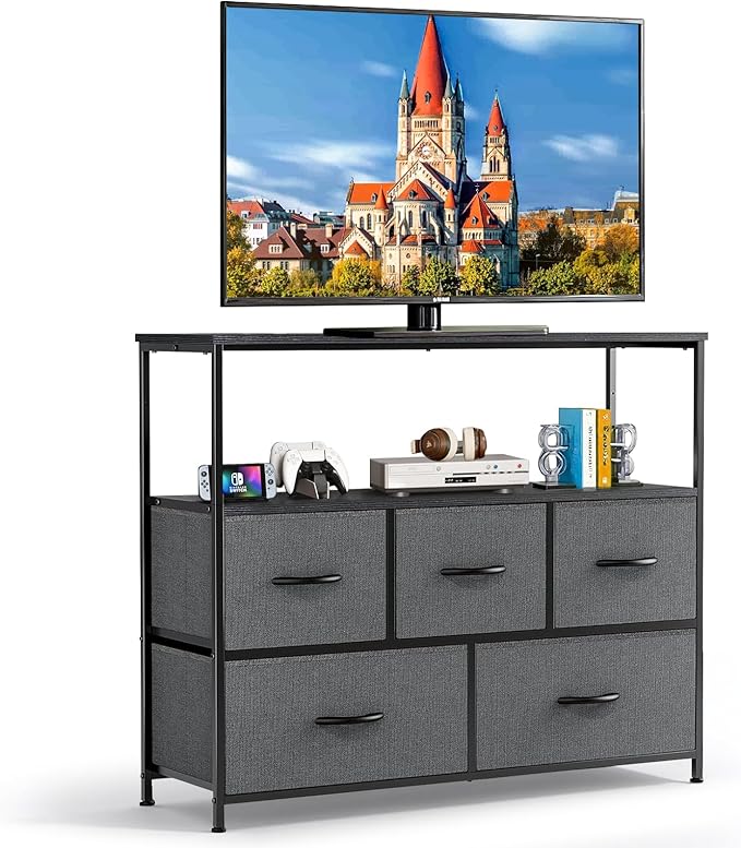 TV Stand, 5 Fabric Drawers Dresser Entertainment Center for TV up to 45 inch Wooden Media Console Table Storage Organizer with Open Shelf, for Living Room, Bedroom, or Small Space, Gray