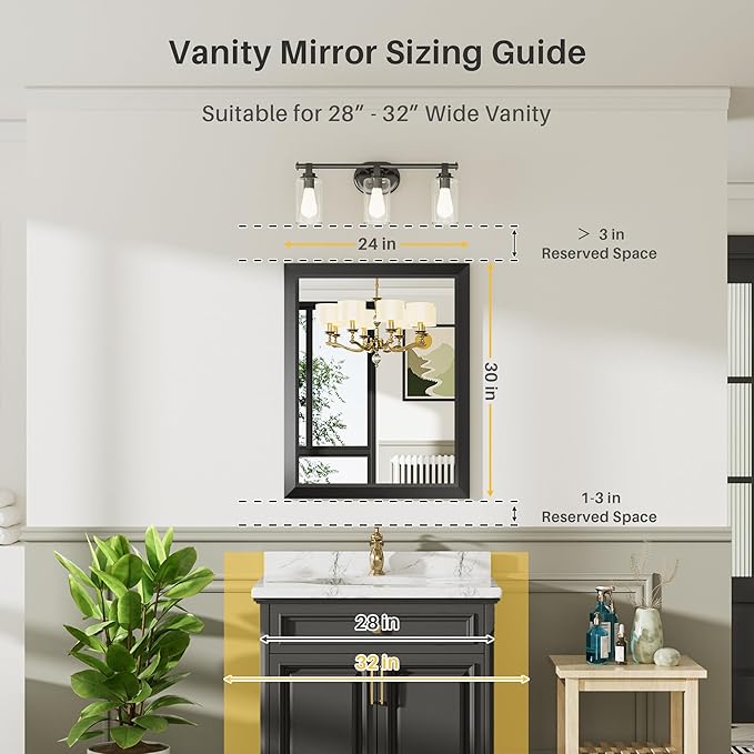 24x30 Inch Black Bathroom Mirror for Wall, Thick Metal Framed Rectangle Mirrors for Over Sink, Bedroom, Living Room, Entryway, Anti-Rust, HD Tempered Glass