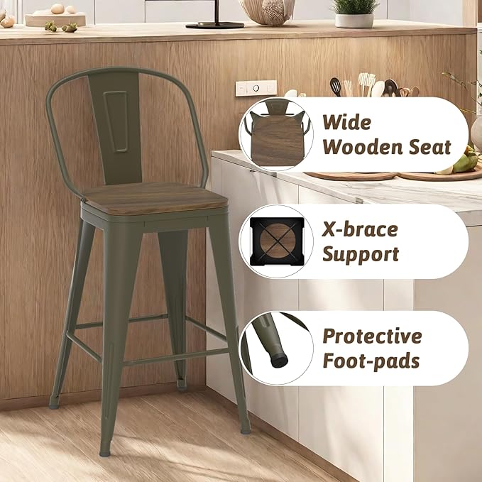 30” Swivel Bar Stools Set of 4, Counter Height Bar Stools Wooden Seat, Metal Industrial Bar Chairs with High Back for Kitchen Island (Rusty)
