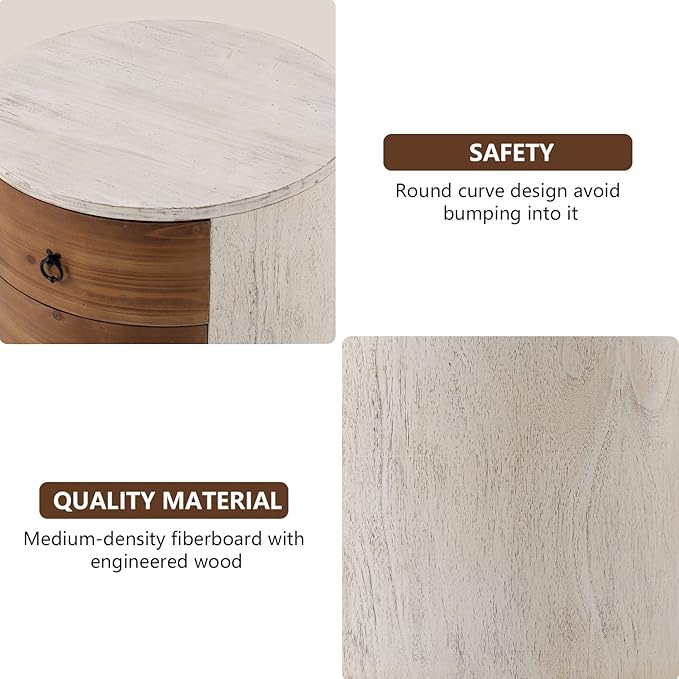 COSIEST Bedside Table Set of 2, Wood Nightstand 3 Drawers, Farmhouse Round End Table with 3 Drawers, Dresser with Drawers for Bedroom, Living Room