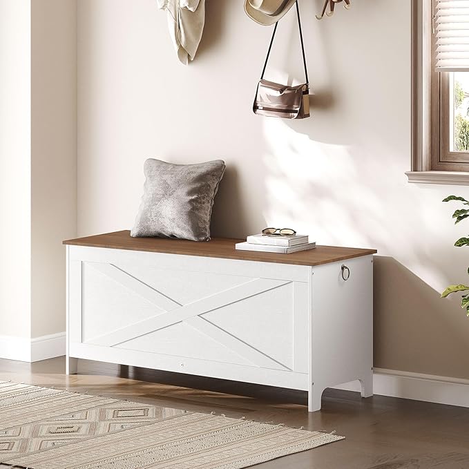 39.4" Toy Chest, Sturdy Entryway Storage Chest with Safety Hinges, Retro Toy Box, Wooden Look Accent Furniture for Living Room, Bedroom, White+Walnut SCBZ48101