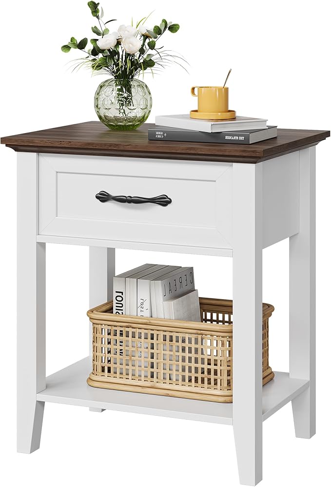IDEALHOUSE Nightstand, End Table with Drawer, Side Table for Spaces, 2 Tiers Storage Shelves with Dresser, Bedside Table for Living Room, Bedroom, Dorm (White)