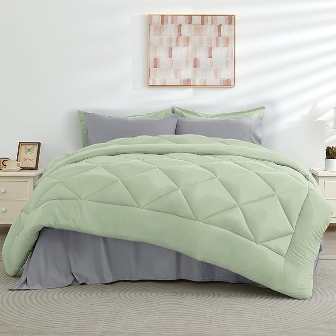 HEVUMYI Twin Comforter Set - 5-Piece All Season Bed in a Bag Twin, Ultra Soft Bedding Set with Comforter, Flat Sheet, Fitted Sheet, Pillowcases, Pillow Shams, Sage Green & Light Grey