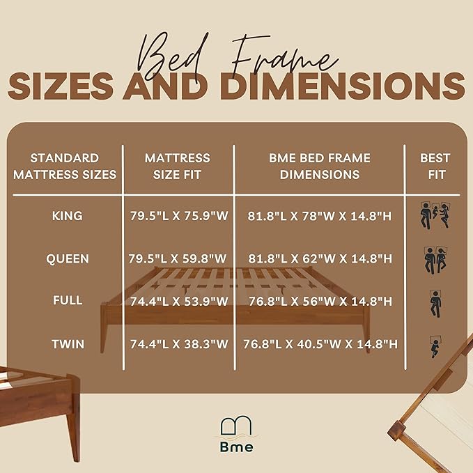 Bme Dinkee 15 Inch Signature Bed Frame Without Headboard - Modern & Minimalist Style with Acacia Wood - 12 Strong Wood Slat Support - Easy Assembly - No Box Spring Needed - Caramel, Full