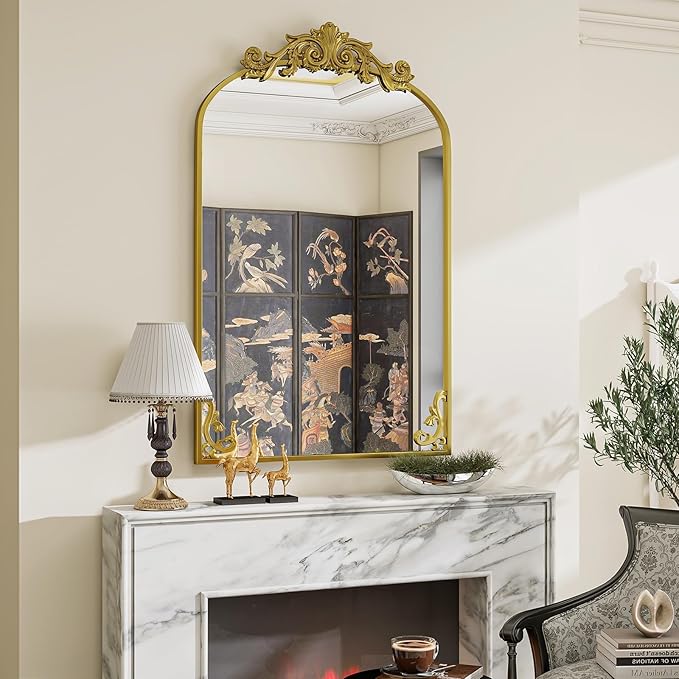 26x38 inch Vintage Arched Bathroom Mirror - Gorgeous Wall Vanity Mirror with Beautiful Retro Top and Bottom Engraving Process Frame for Entryway Hallway Living Room, Gold