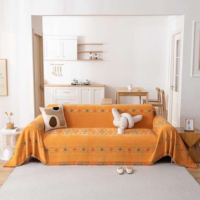 STACYPIK Orange Jacquard Sofa Cover for Sectional, Boho Couch Cover for Loveseat, Non Slip & Stain-Resistant Furniture Protector for 3 Cushion Couch, Reversible Couch Slipcover for Dogs-71X150IN