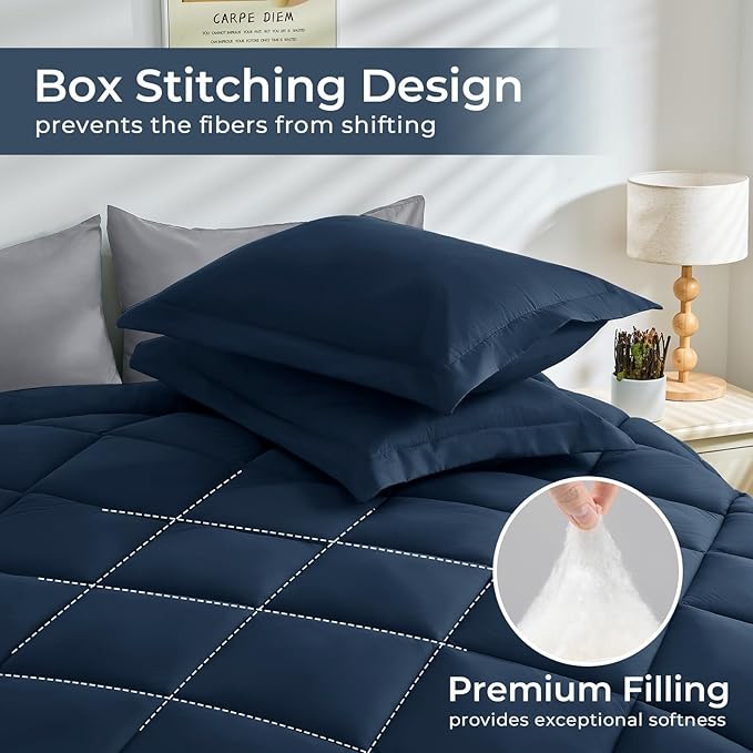 HEVUMYI Queen Comforter Set - 7-Piece All Season Bed in a Bag Queen, Ultra Soft Bedding Set with Comforter, Flat Sheet, Fitted Sheet, Pillowcases, Pillow Shams, Navy Blue & Light Grey