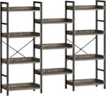 Rolanstar Bookshelf 4 Tiers with 4 Hooks, Triple Bookcase with Open Display Shelves, Industrial Wide Bookshelf with Metal Frame for Living Room, Office, Grey