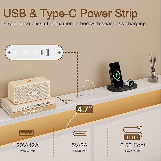 Queen Bed Frame with 4 Storage Drawers Bed Frame Queen Size with Headboard LED Lights Charging Station Metal Slats Platform Heavy-Duty Support No Box Spring Needed White