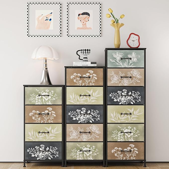 Tohomeor Vintage Dresser Vertical Nightstand with Neutral Botanical Plant Fabric Chest Drawers for Closet Bathroom Storage Tower Unit Bed Side Organizer Farmhouse Rustic (Multi, 4 Drawers)