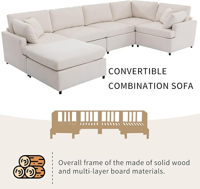 Merax 6-Seater Modern Large U-Shape Sectional Sofa, with Removable Ottomans for Living Room,Beige