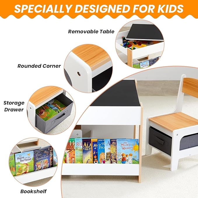 Asweets Kids Table and Chair Set,4 in 1 Toddler Desk with Storage Drawer,Wooden Activity Table for 2 in 1 Detachable Tabletop,Bookshelf,Suitable for Classroom,Home,Nursery,Playroom (Pure White)
