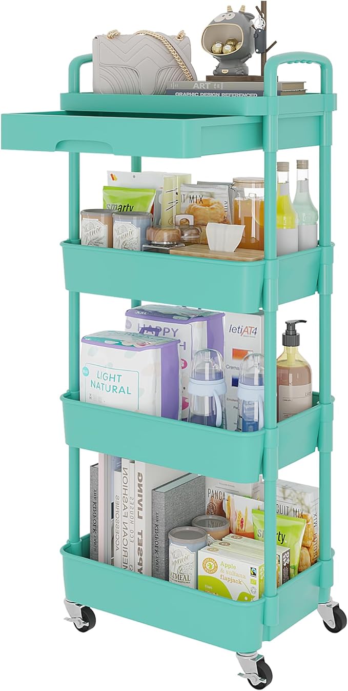 Calmootey 4-Tier Rolling Utility Cart with Drawer,Multifunctional Storage Organizer with Plastic Shelf & Metal Wheel,Storage Cart for Kitchen,Bathroom,Living Room,Office,Green