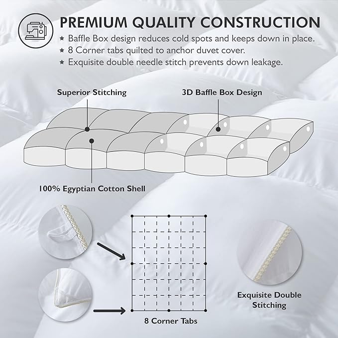 Luxurious White Solid Heavy Weight, Queen Size Goose Feathers Down Comforter for Winter Weather Duvet Insert, Premium Baffle Box, 100% Egyptian Cotton Cover, 65 oz. Fill Weight