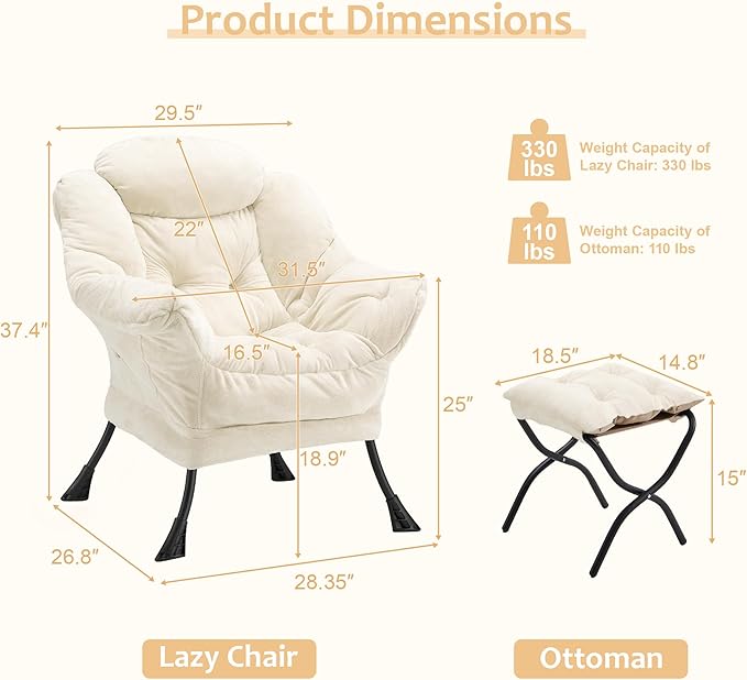 Fabric Lazy Chair with Ottoman, Oversized Upholstered Sofa Chair for Adults, Plush Comfy Lounge Chair with Large Side Storage Pocket, Reading Chair for Living Room, Bedroom, Study Room, Beige