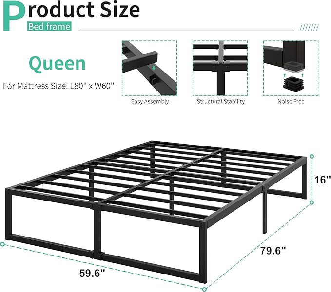 16 Inch Bed Frame Queen Size Heavy Duty Steel Slat Support Metal Platform Queen Bed Frame No Box Spring Needed, Easy Assembly, Black