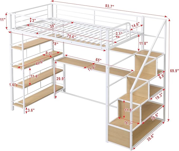 Twin Size Metal Loft Bed with Staircase,Full-Length Guardrails,a Built-in Desk and a 3-Tier Shelf,No Box Spring Needed,Noise Free,for Juniors&Adults,White