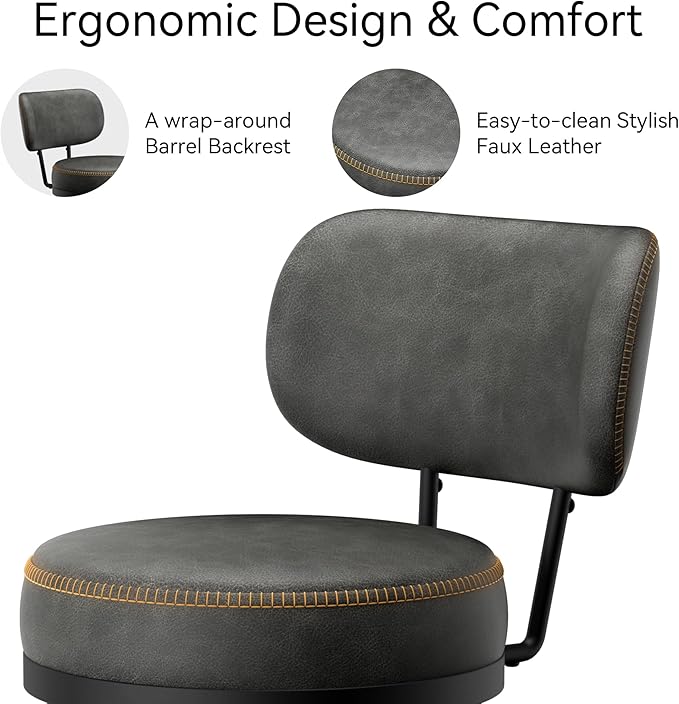 Counter Height Bar Stools, 26" H Swivel Barstools Set of 4, Faux Leather Kitchen Counter Stools with Back and Stylish Stitching, Metal Frame, Pub, Home Bar, Black Grey