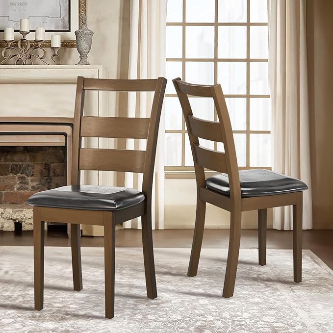 COLAMY Farmhouse Dining Chairs Set of 2, Upholstered Kitchen Chairs with Ladder Back, Modern Wood Side Dining Room Chairs with Wooden Legs for Rustic Restaurant, Dark Brown