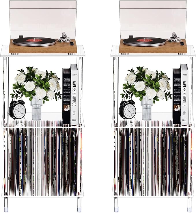 Clear Acrylic Side Table Set of 2, 15.7" L x 11.8" W x 30.7" H, 3-Tier End Table for Living Room, Small Modern Bedside Tables Nightstand for Bedroom, Home Decor Accent Table