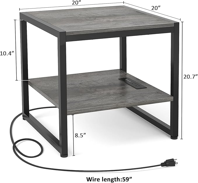 Homieasy End Table with Charging Station, 20 Inch Mini Fridge Stand with 2-Tier Open Shelf, Square Bedside Nightstand & Sofa Side Table for Living Room, Dorm, Office,Black Oak