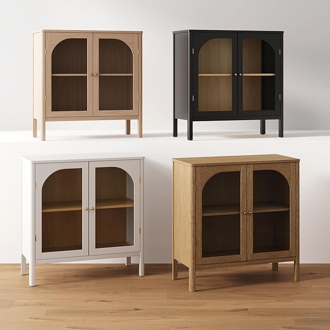 Nathan James Mason Wood Storage Cabinet Accent Sideboard Buffet Credenza TV Stand with Glass Doors and Adjustable Shelf for Dining Room, Entryway or Living Room, Clear Glass/White/Light Oak, Set of 2