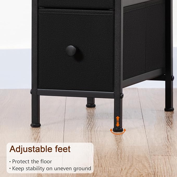 Narrow End Tables Living Room Set of 2 with Charging Station, Skinny Side Table with Fabric Drawers, Slim LED Nightstand for Bedroom, Small Spaces, Couch, Black, HETNDP02LBK