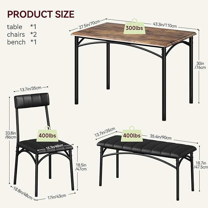 Garvee Dining Table Set for 4, Kitchen Table with Upholstered Bench and 2 Chairs, 4-Piece Wooden Dining Table Set for Apartment, Dining Room, Small Space, Brown