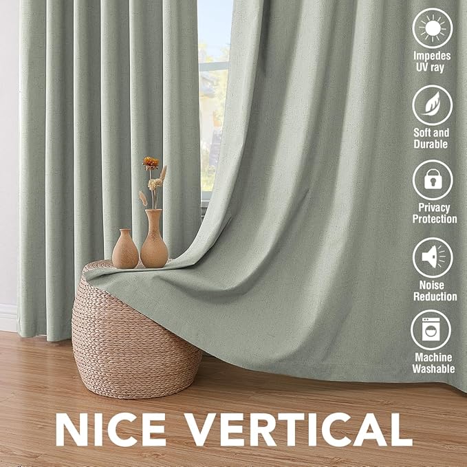 H.VERSAILTEX Primitive Linen Curtains 100% Blackout Curtain Drapes Burlap Fabric Curtains with White Thermal Insulated Liner, Grommet Top Drapes Living Room/Bedroom (2 Panels, 42 x 63 Inch, Sage)