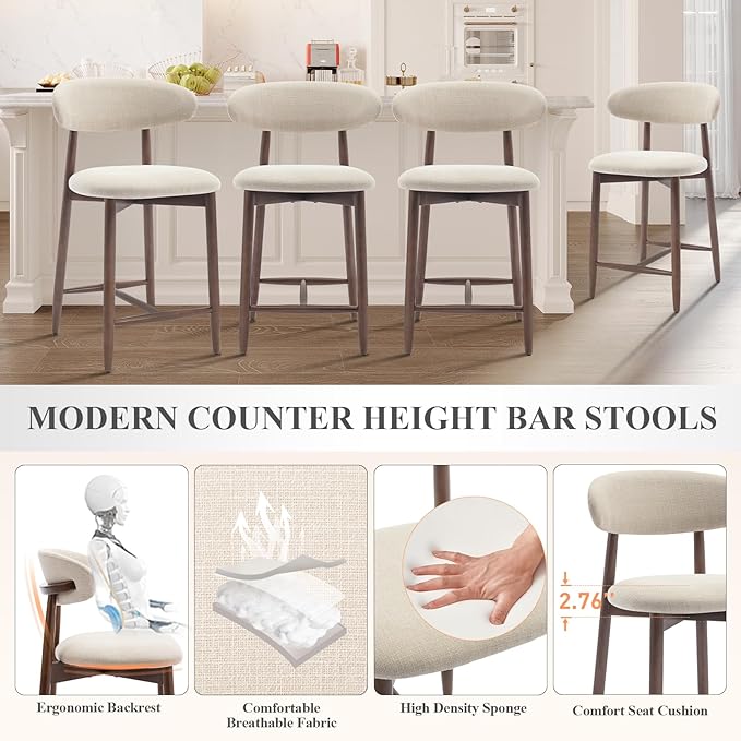 COLAMY Counter Height Bar Stools Set of 6, Kitchen Bar Stools with Back, Mid Century Modern Upholstered Stools, with Wood Legs for Kitchen Island Dining Room, Beige