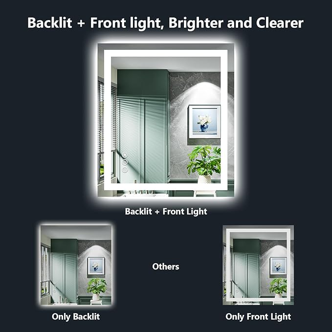 24x36 Inch LED Bathroom Mirror with Lights Front and Backlit Lighted Vanity Mirror for Bathroom Wall with 3 Colors Dimmable Anti-Fog Memory Shatter-Proof IP54 Waterproof Horizontal/Vertical