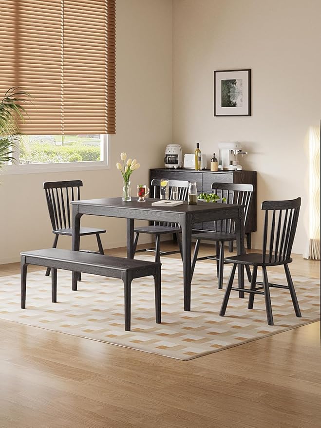 Dining Bench, Wood Bench Solid Oak Wooden Bench Indoor Dining Room Table Home Bedroom Bed End Restaurant Modern Hallway Furniture (Black, 72" W x 13.8" D x 17.7" H)