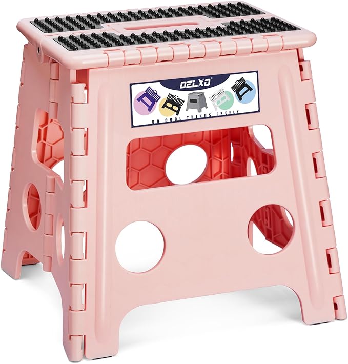 Delxo Folding Step Stool 13 Inch,Non-Slip Foldable Stools for Up to 300 LBS,Kitchen Collapsible Fold Up Stepping Stool with Dotted 1 Pack,Pink