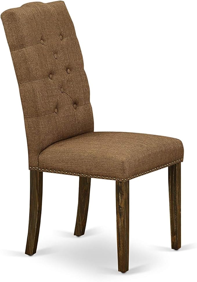 East West Furniture F3EL7-718 7 Piece Kitchen Table Set Consist of a Round Dining Table with Pedestal and 6 Brown Linen Linen Fabric Parsons Dining Chairs, 48x48 Inch, Distressed Jacobean