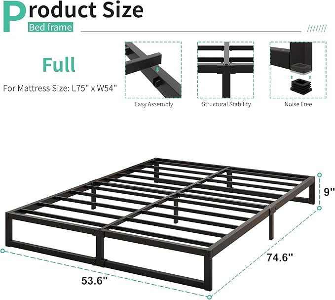 9 Inch Full Bed Frame No Box Spring Needed, Heavy Duty Metal Platform Beds with Sturdy Steal Slats for Mattress Foundation, Easy Assembly, Noise Free, Black