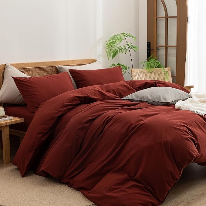 BESTOUCH Duvet Cover Set 100% Washed Cotton Linen Feel Super Soft Comfortable Chic Lightweight 3 PCs Home Bedding Set Solid Fired Brick Red Super Queen