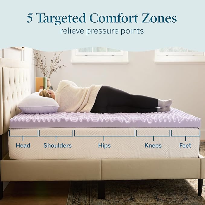 Lucid Lavender Infused 3 Inch Memory Foam Mattress Topper - Full XL Size - Plush Feel - 5 Convoluted Zones - CertiPUR Certified - New Home Owner & Dorm Room Essentials