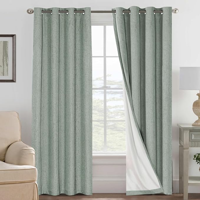 H.VERSAILTEX Bedroom Curtains Blackout Linen Blackout Curtains 84 Inches Long, 100% Blackout Thermal Textured Linen Look Curtain Draperies Grommet with White Liner, 2 Panels, Green Bay