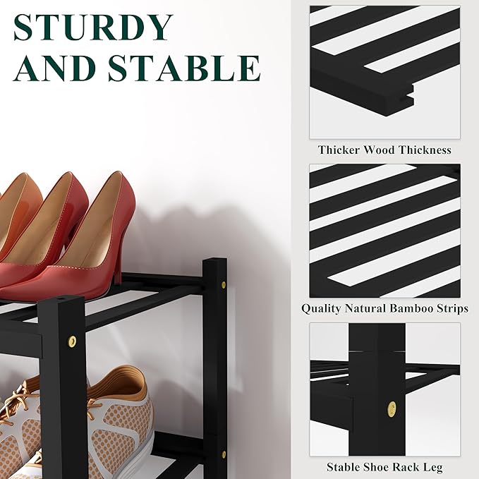 Smiry Shoe Rack, 2 Tier Long Bamboo Shoe Organizer, Stackable Free Standing Wooden Shoe Storage Shelf for Closet, Entryway, Front Door Entrance, Black