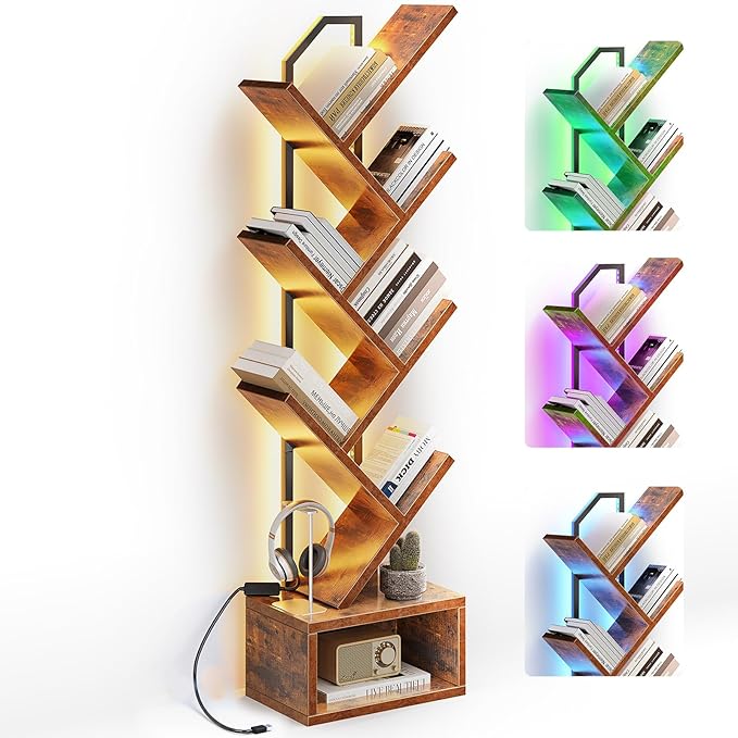 Casaottima 6-Tier Tree Bookshelf — Narrow Floor Standing Bookcase, Tall Steel & Wood Book Organizer Shelf with Cabinet, Home Decor for Living Room/Bedroom/Home Office, Vintage