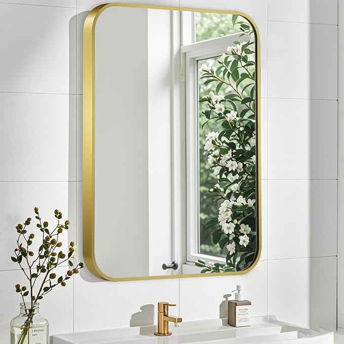 Matte Gold Mirror, 26x38 Inch Brushed Gold Mirror, Aluminum Alloy Framed Vanity Mirror, Rounded Rectangle Bathroom Mirror for Over Sink, Anti-Rust Wall Mirror (Horizontally or Vertically)