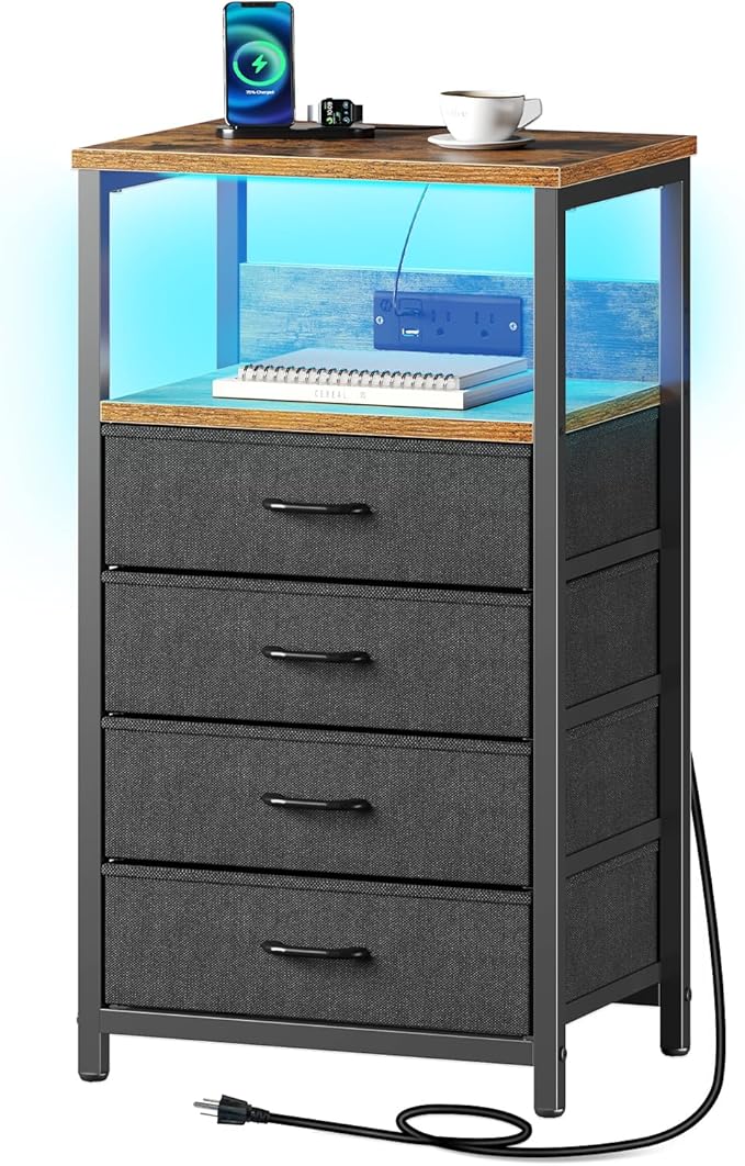 Seventable Night Stand with Charging Station, Tall Nightstand with 4 Fabric Storage Drawers, Side Table with LED Light for Bedroom, Entryway, Rustic Brown