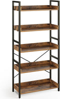 Rolanstar Bookshelf 5 Tier with 4 Hooks, Industrial Wood Bookcase, Vintage Storage Rack with Open Shelves, Rustic Standing Bookshelves Display Rack for Living Room, Bedroom, Rustic Brown