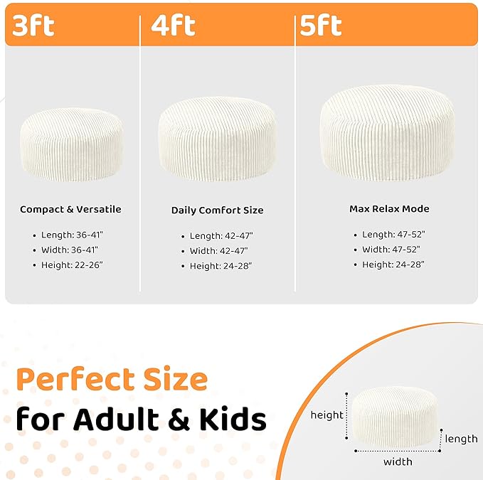 HABUTWAY 5FT Bean Bag Chair, 5' Large Bean Bag Chairs for Adults with Removable Stripe Plush Cover, Memory Foam Beanbag Chair for Living Room Bedroom Dorm (White)