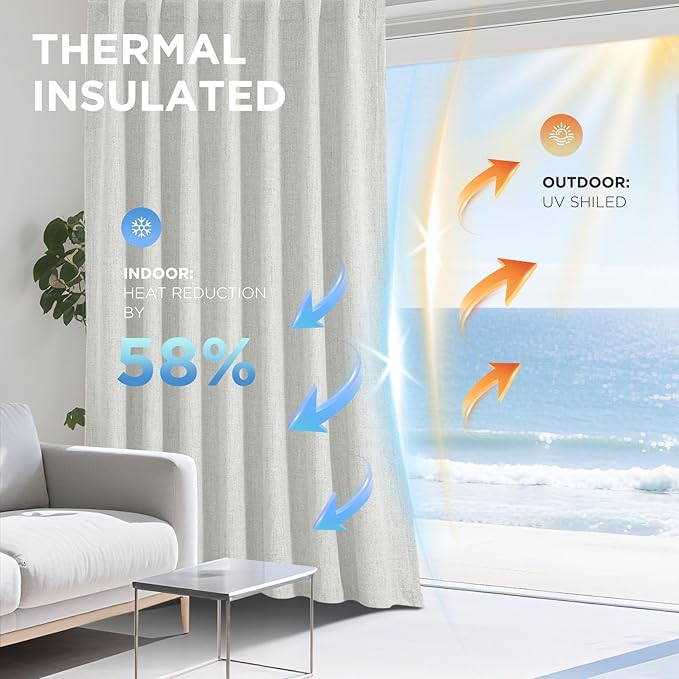 Joydeco 100% Blackout Curtains for Bedroom - Natural Linen Curtains 70" W x 108" L, Thermal Insulated 1 Panels White Light Blocking Drapes, Rod Pocket & Back Tabs, Darkening Privacy for Living Room