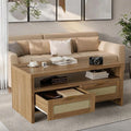 2 Tiers Boho Coffee Table with Storage,40” Mid Century Rattan Console Table with Drawers and Open Shelf, Wooden Center Coffee Table for Living Room/Apartment/Farmhouse/Bedroom/Small Place(Oak)