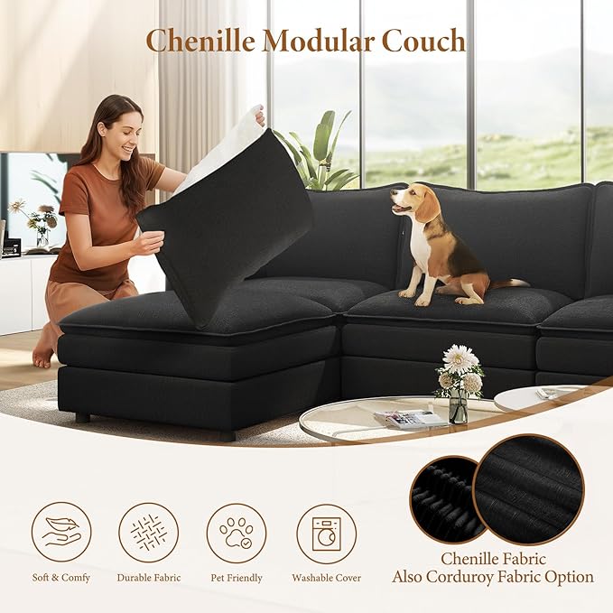 Vesgantti 108" U Shaped Sectional Couch, Comfy Cloud Modular Sectional Sofa with 2 Ottoman Deep Seat Chenille Modern Cloud Sofa, Modular Sofas for Living Room, Bedroom and Apartment, Black