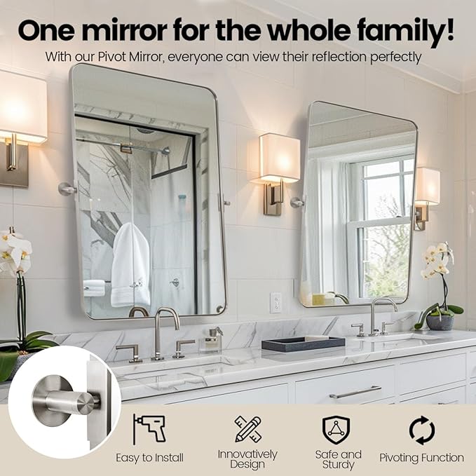 MOON MIRROR Brushed Nickel Pivot Mirror for Bathroom, Tilt Rounded Rectangle for Vanity, Overall 32.33 x 36 in (Mirror 28x 36 in)