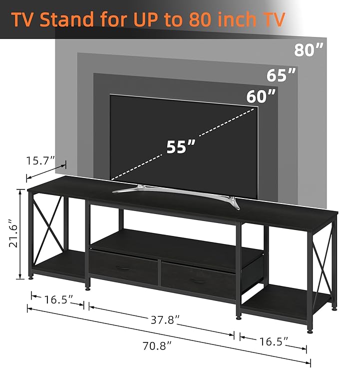 TV Stand with Fabric Drawers for 75 80 Inches TV - Entertainment Center and Industrial TV Console Table with Open Storage Shelves for Living Room, Bedroom- 71.5" Black