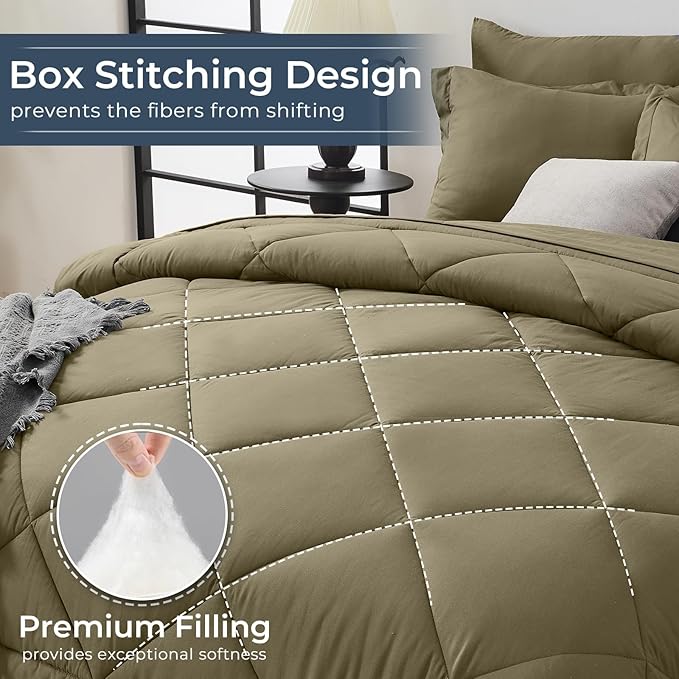 HEVUMYI Olive Green Twin Comforter Set - 5-Piece All Season Bed in a Bag Twin, Ultra Soft Bedding Set with Comforter, Flat Sheet, Fitted Sheet, Pillowcases, Pillow Shams, Olive Green
